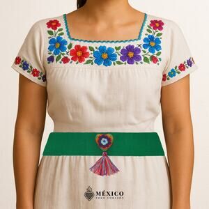 Green Artisan Mexican Waist Belt – Floral Heart Embellishment in Felt Appliqué